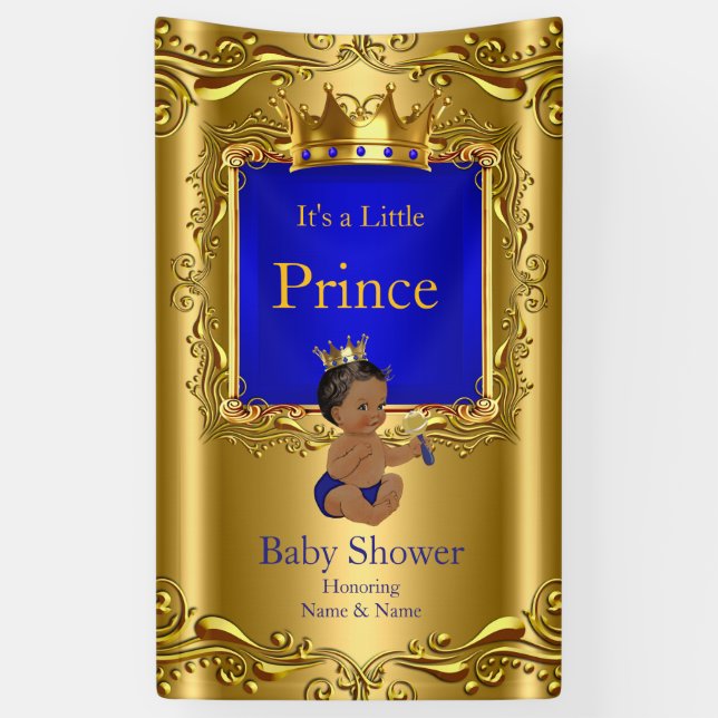 Banner Prince Baby Shower Blue Gold Ethnic 2 (Vertical)