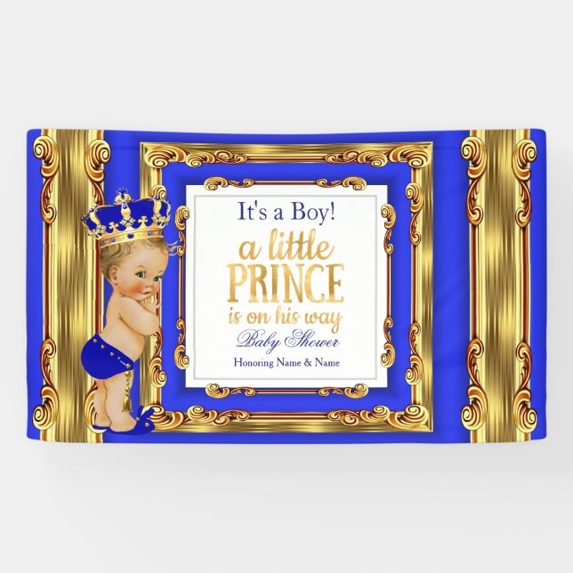 Banner Prince Baby Shower Royal Blue Gold Blonde (Horizontal)