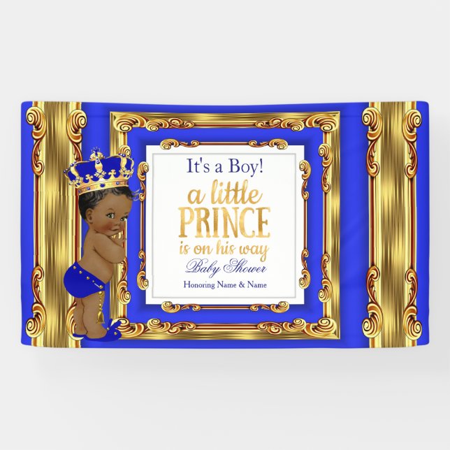 Banner Prince Baby Shower Royal Blue Gold Ethnic (Horizontal)
