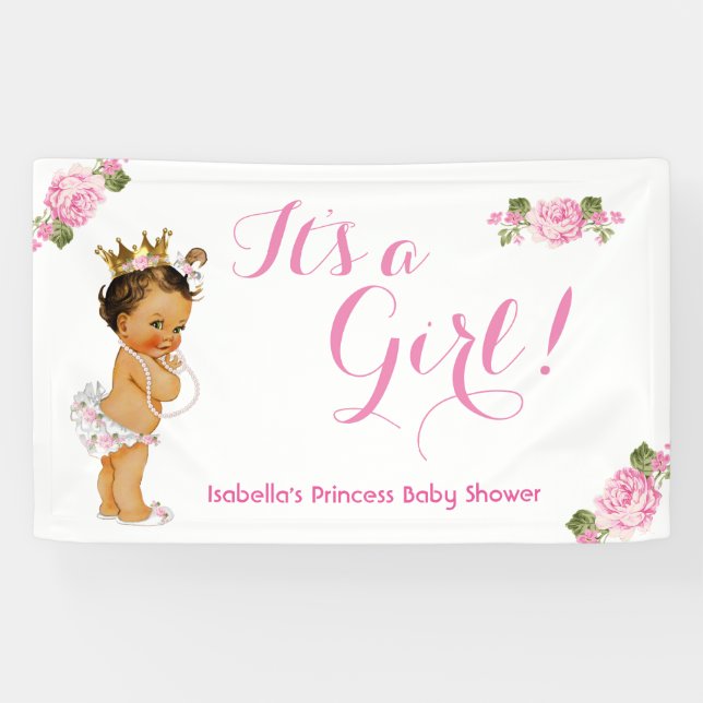 Banner Princess Baby Shower Pink Floral Brunette (Horizontal)