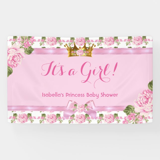 Banner Princess Baby Shower Pink Roses Gold Crown (Horizontal)