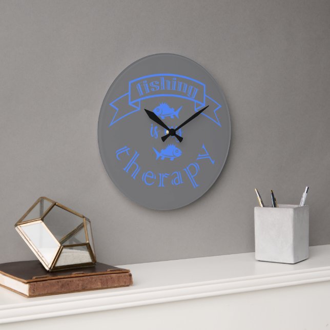 Banner ribbon quote Fishing is my therapy Large Clock (Office)