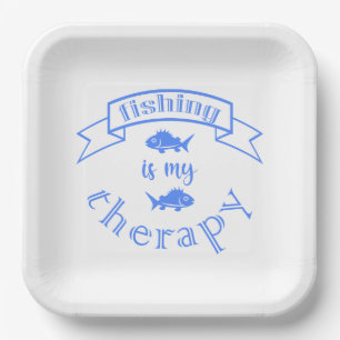 Banner ribbon quote Fishing is my therapy Paper Plate