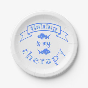 Banner ribbon quote Fishing is my therapy Paper Plate