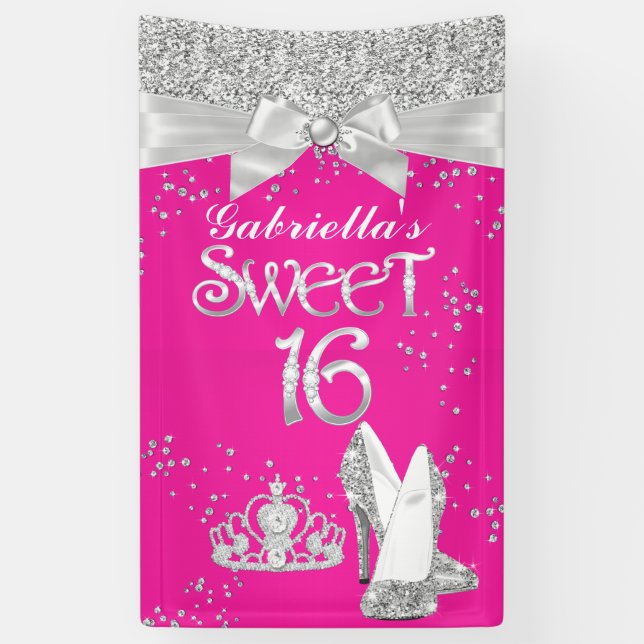 Banner Sparkle Tiara Heels Sweet 16 Hot Pink (Vertical)