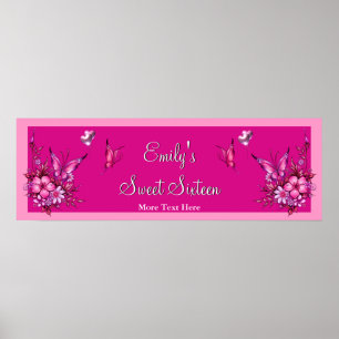 Banner Sweet 16 Pink Flowers Butterfly Birthday Poster