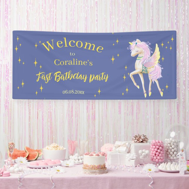 Banner welcome to the first birthday with unicorn. (Party)