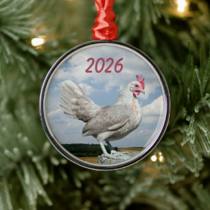 Bantam Hen on Fencepost, Farm Field, Cloudy Sky Metal Tree Decoration
