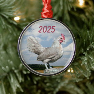 Bantam Hen on Fencepost, Farm Field, Cloudy Sky Metal Tree Decoration