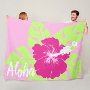 Banzai Beach Hawaiian Hibiscus Floral Aloha - Pink Fleece Blanket