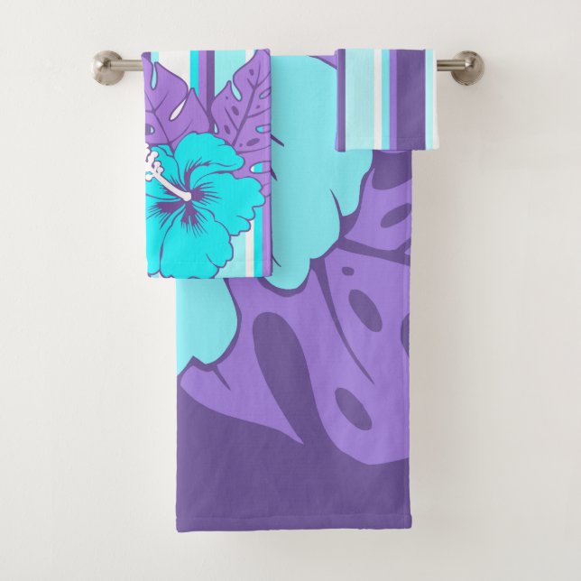 Banzai Beach Hawaiian Hibiscus Floral and Stripe Bath Towel Set (Insitu)