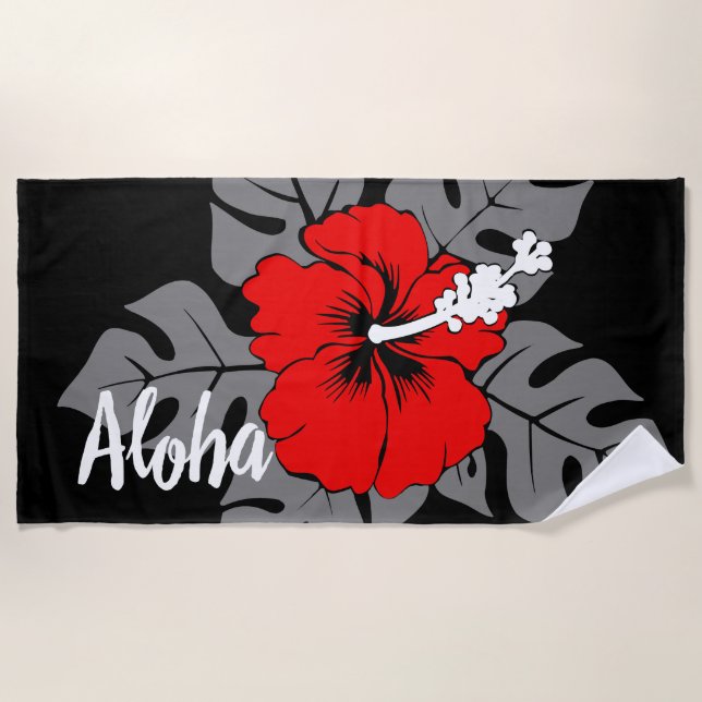Banzai Beach Hawaiian Hibiscus Floral - Black Beach Towel (Front)
