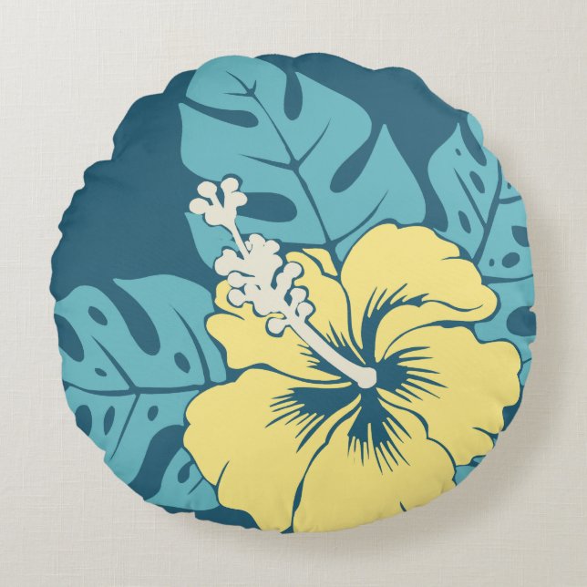 Banzai Beach Hawaiian Hibiscus Reversible Round Cushion (Front)