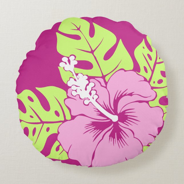 Banzai Beach Hawaiian Hibiscus Reversible Round Cushion (Front)