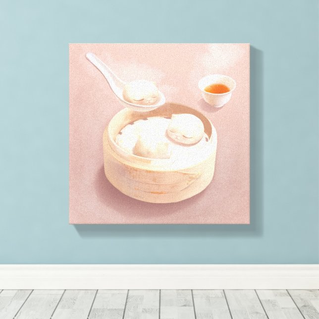 Bao Buddies: Cute Cat Dumplings in Steamer Canvas Print (Insitu(Wood Floor))