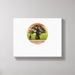 Baobab Tree and Giraffe Retro African Sunset Canvas Print