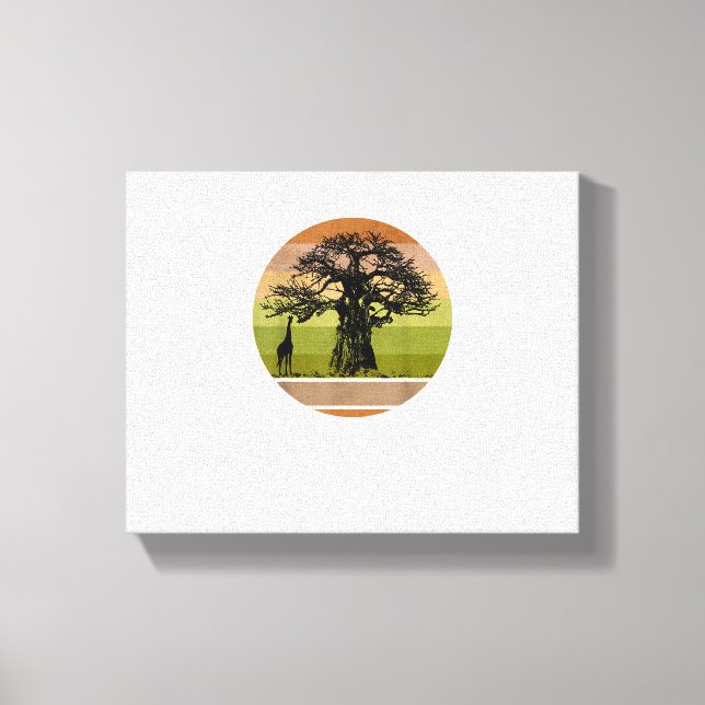 Baobab Tree and Giraffe Retro African Sunset  Canvas Print (Front)