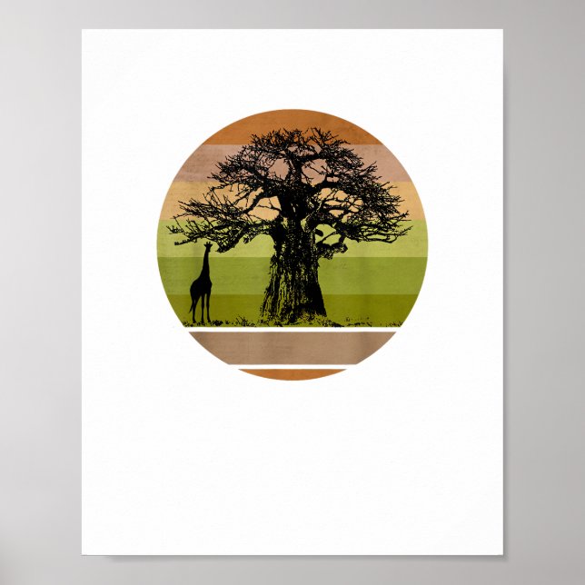 Baobab Tree and Giraffe Retro African Sunset  Poster (Front)