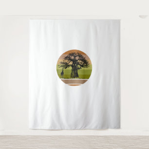 Baobab Tree and Giraffe Retro African Sunset Tapestry