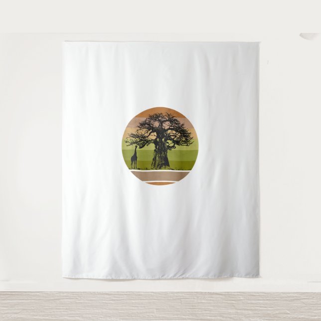 Baobab Tree and Giraffe Retro African Sunset  Tapestry (Front)