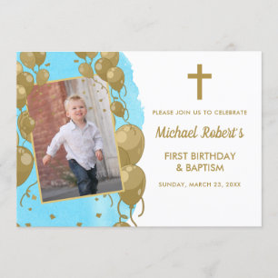 Baptism 1st Birthday Blue Gold Text Photo Invitation