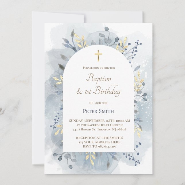 Baptism & 1st Birthday blue watercolor foliage  Invitation (Front)