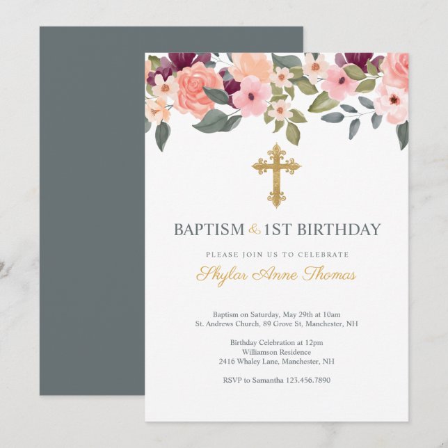 Baptism & 1st Birthday Blush Watercolor Florals Invitation (Front/Back)