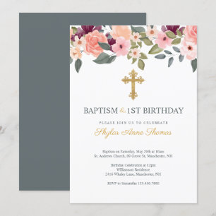 Baptism & 1st Birthday Blush Watercolor Florals Invitation