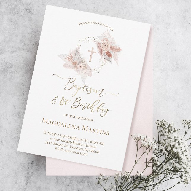 Baptism & 1st Birthday boho flowers Invitation (Creator Uploaded)