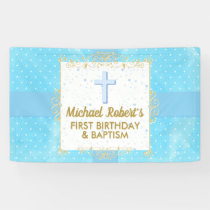 Baptism 1st Birthday Boy Blue Gold Text Polka Dot Banner