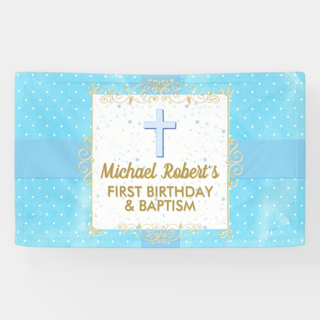 Baptism 1st Birthday Boy Blue Gold Text Polka Dot Banner (Horizontal)