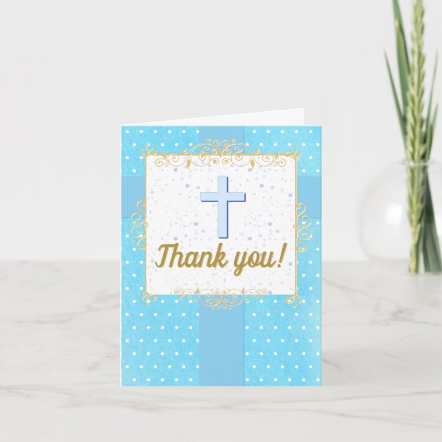 Baptism 1st Birthday Boy Blue Gold Text Polka Dot Thank You Card (Front)