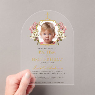 Baptism 1st Birthday Girl Photo Pink Gold Floral  Acrylic Invitations
