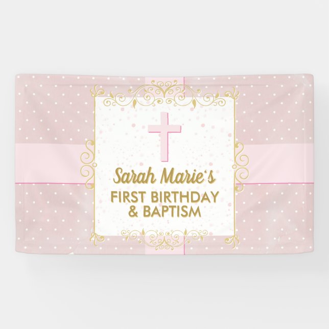 Baptism 1st Birthday Girl Pink Gold Text Polka Dot Banner (Horizontal)