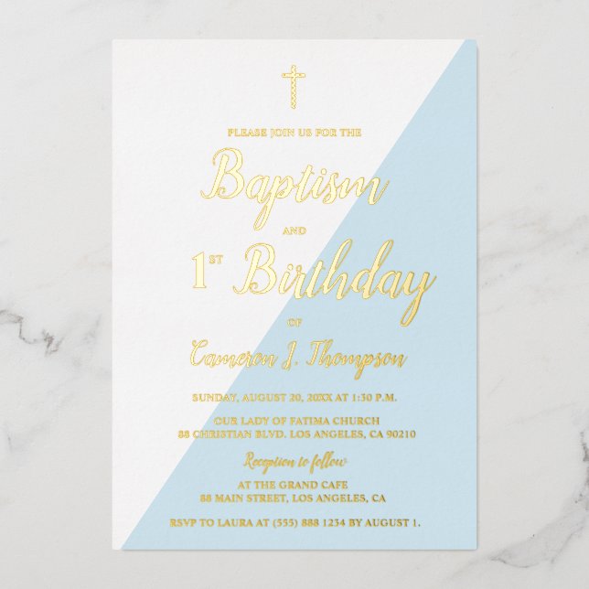 Baptism 1st Birthday Invitation Blue Gold Cross  (Front)