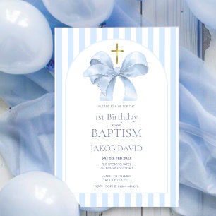 Baptism & 1st Birthday Invitation, Bow & Stripe Invitation