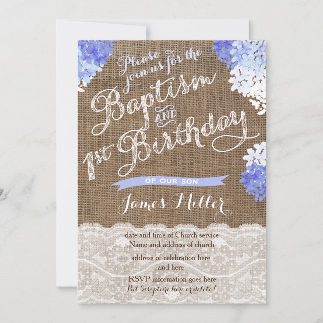 Baptism 1st Birthday Invites, Blue White Florals Invitation (Front)