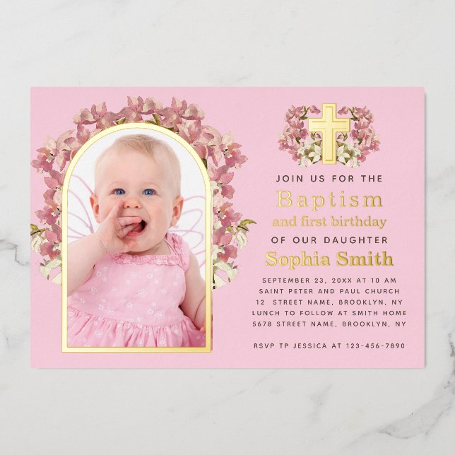 Baptism 1st Birthday Pink Girl Photo Arch Orchids  (Front)