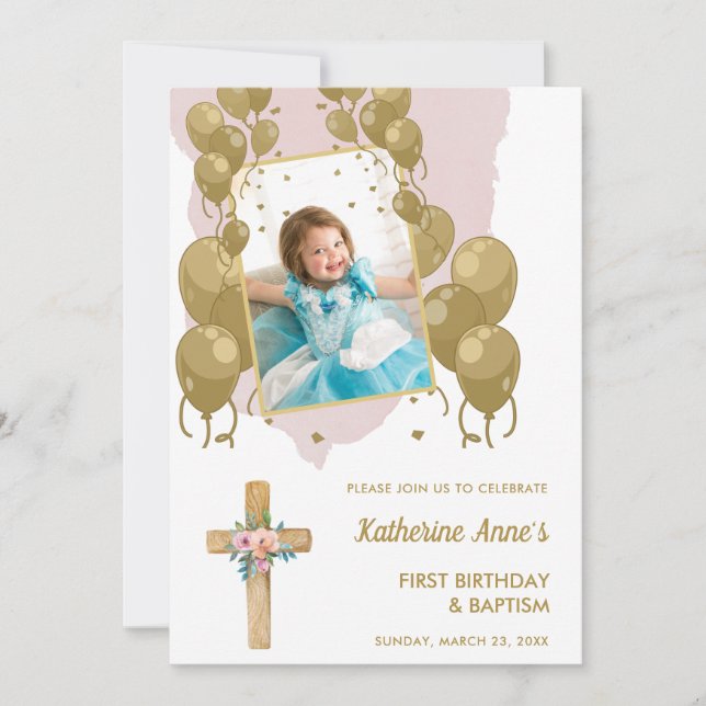 Baptism 1st Birthday Pink Gold  Text Photo Invitation (Front)