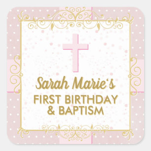 Baptism 1st Birthday Pink Gold Text Polka Dot Square Sticker