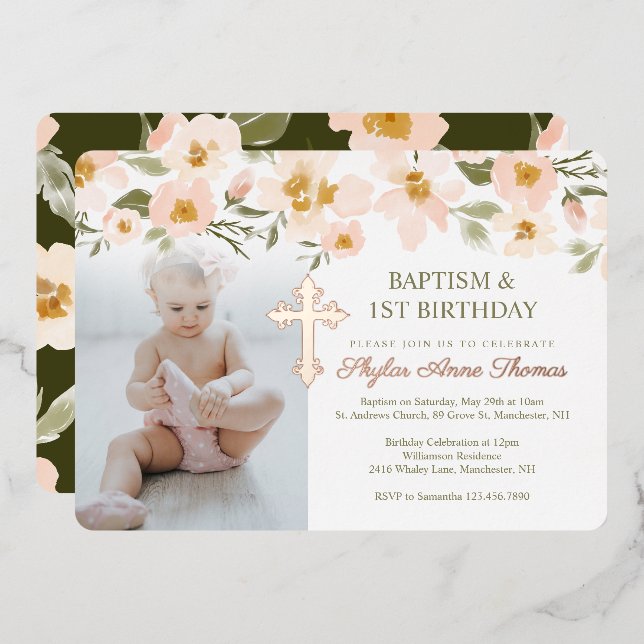 Baptism & 1st Birthday Watercolor Florals Photo (Front/Back)