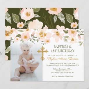 Baptism & 1st Birthday Watercolor Florals Photo Invitation