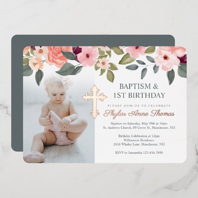 Baptism & 1st Birthday Watercolor Flowers Photo (Front/Back)
