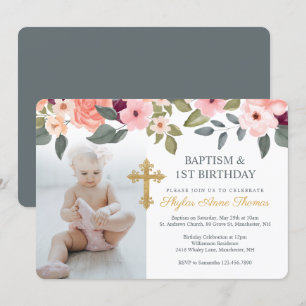 Baptism & 1st Birthday Watercolor Flowers Photo Invitation