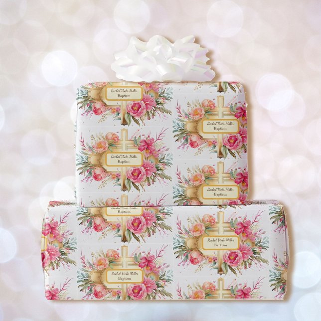 Baptism Add Name - Cross with Flower Spray Wrapping Paper (Creator Uploaded)