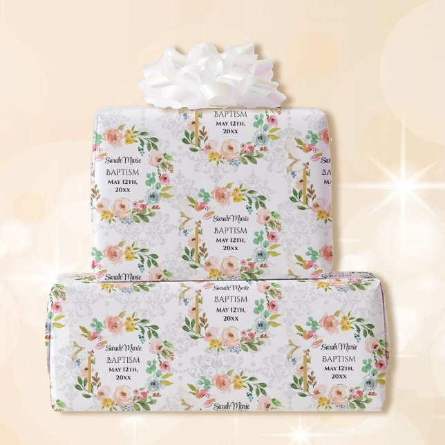 Baptism Add Name & Date Cross Dove Flora Wreath Wrapping Paper (Creator Uploaded)