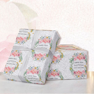 Baptism Add Name & Date Cross Dove Flowers Wrapping Paper