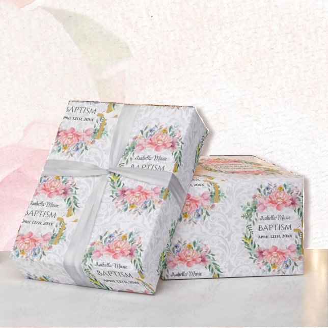 Baptism Add Name & Date Cross Dove Flowers Wrapping Paper (Creator Uploaded)