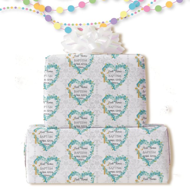 Baptism Add Name & Date Cross Dove Forget Me Nots Wrapping Paper (Creator Uploaded)