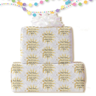 Baptism Add Name & Date Cross Dove White Damask Wrapping Paper
